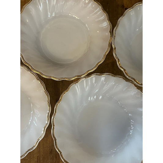 Vintage Set of 4 Milk Glass Scallop Swirled Gold Rim Bowls - Berry Bowls - Parfait Bowls - Dessert Bowls