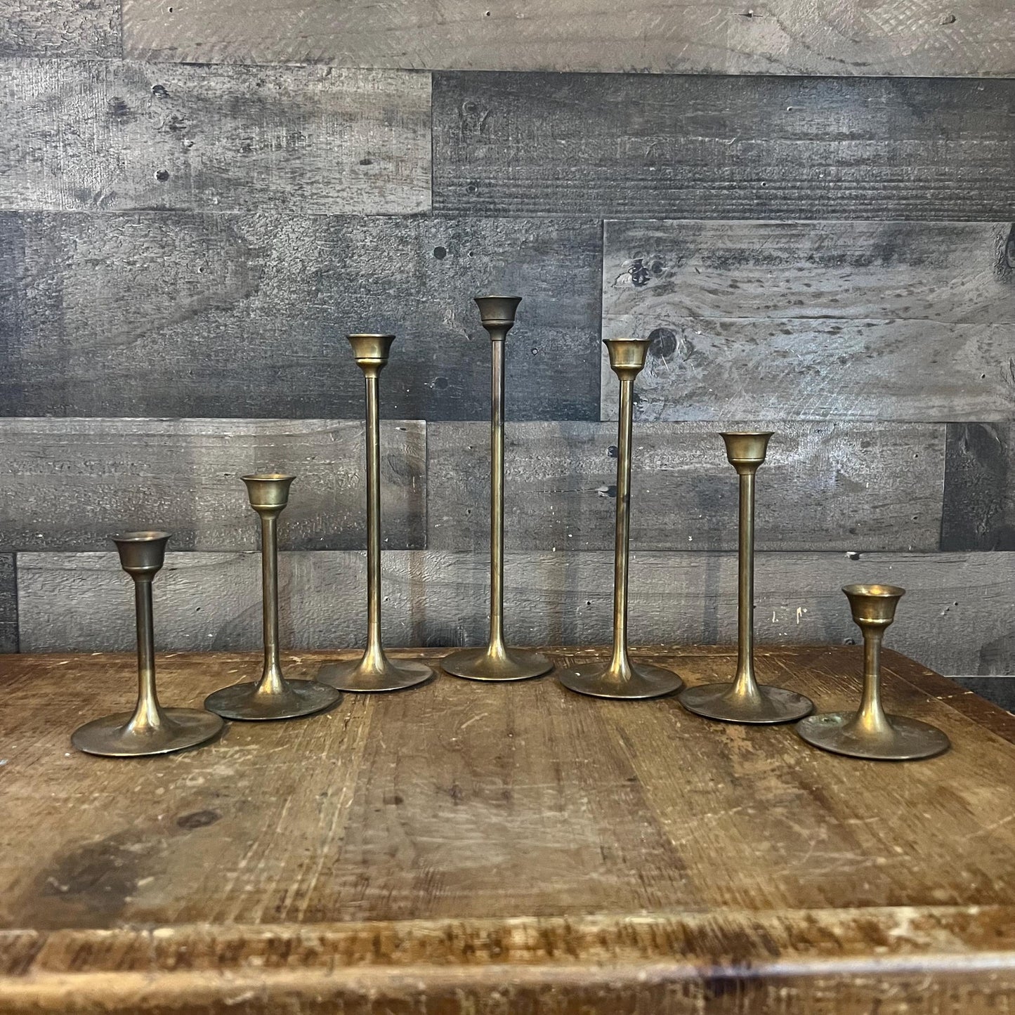 Vintage Set of 7 Brass Graduating Tiered Candlestick Holders