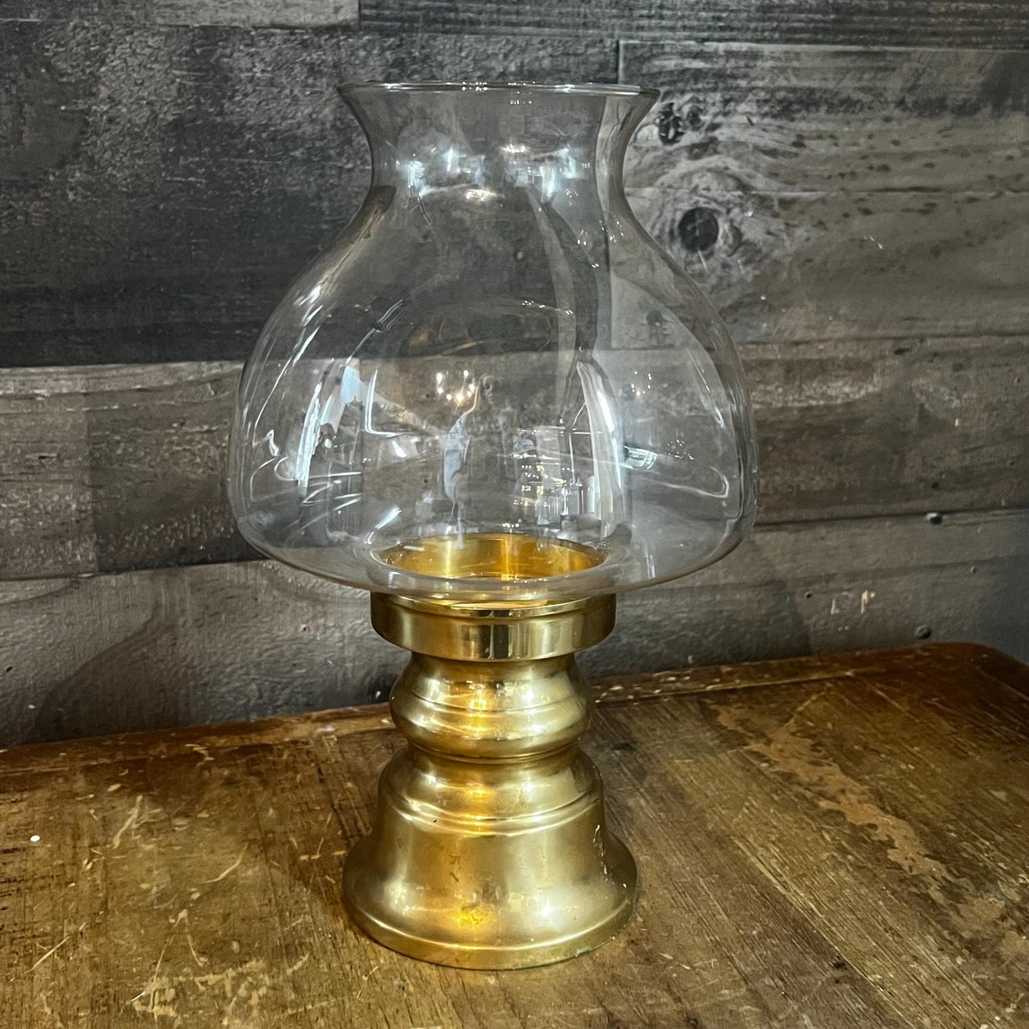 Vintage Brass Candle Holder with Clear Bubbly Glass Hurricane - Candlestick Holder - Pillar Candle Holder