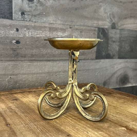 Vintage Brass Scroll Foot Pillar Candle Holder