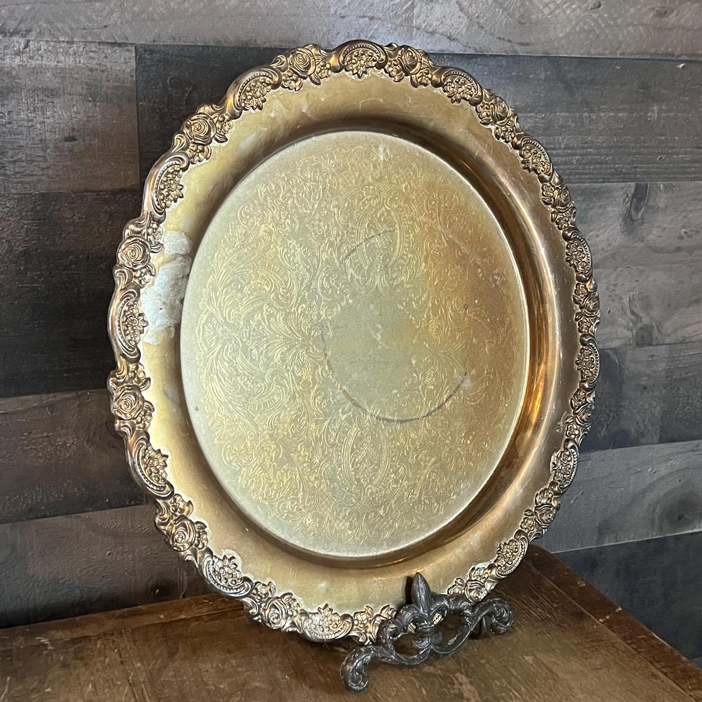 Vintage Oneida Silverplated Round Serving Tray with Rose Embossed Edge Design