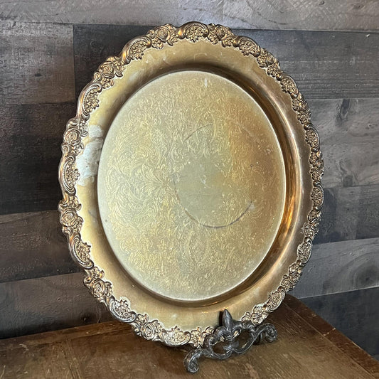 Vintage Oneida Silverplated Round Serving Tray with Rose Embossed Edge Design