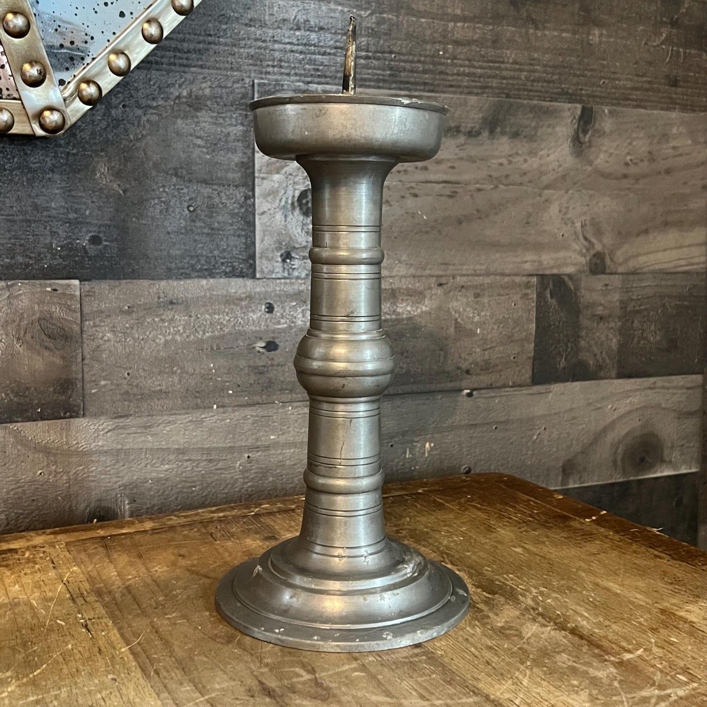 Vintage Tall Pewter Pricket Pillar Candle Holder