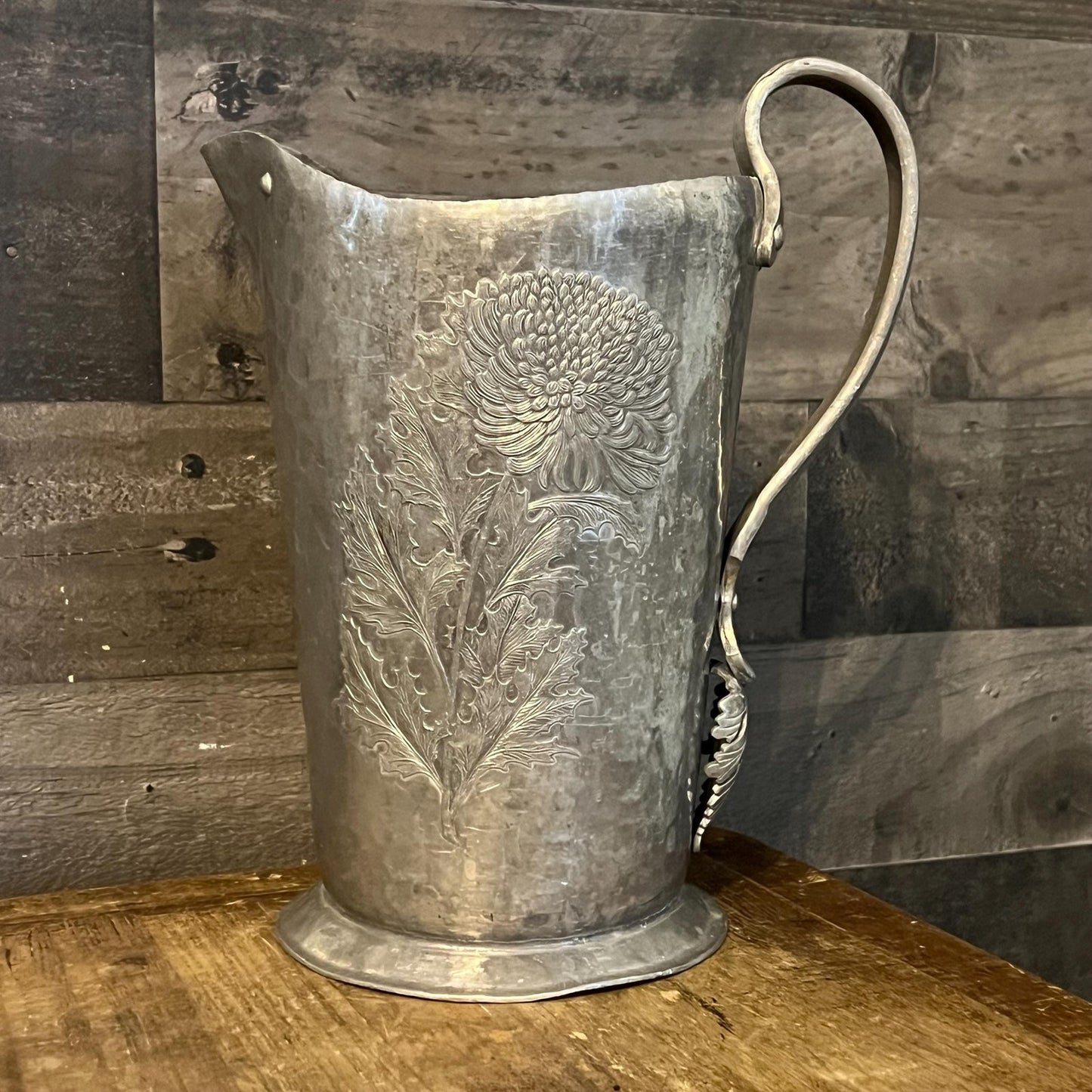 Vintage Trade Continental Mark Hammered Hand Wrought Handled 509 Pitcher with Floral Designs