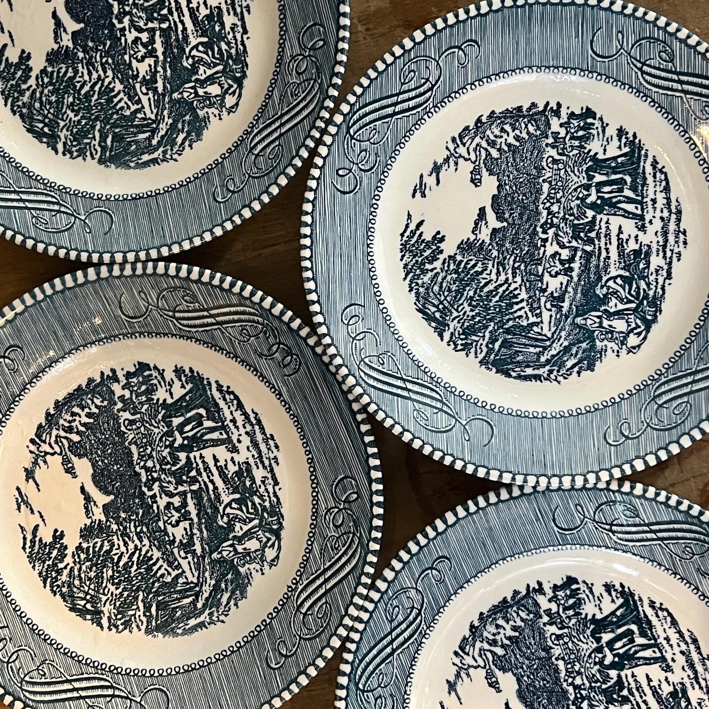 Vintage Royal China USA Currier and Ives Blue Bread and Butter Small Plates - Set of 4