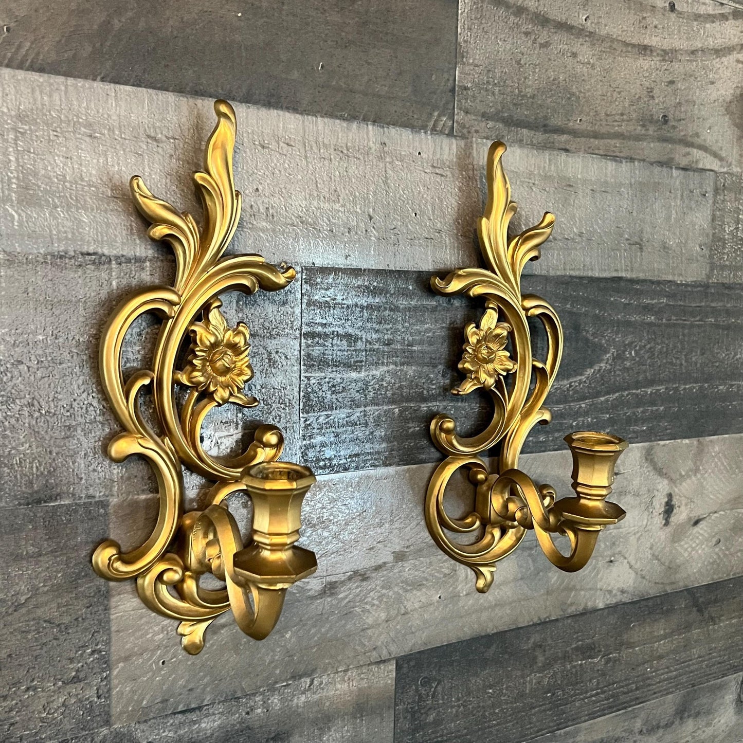 Vintage Syroco Floral Gold Tone Candlestick Holders Wall Sconces - Pair