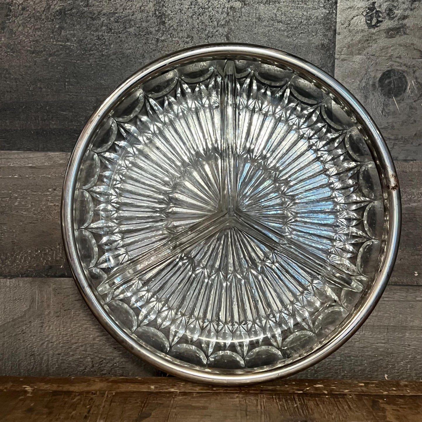 Vintage Crystal 3 Compartment Bowl with Silverplated Rim - Jewelry Dish - Candy Dish - Nut Dish - Berry Server - Key Bowl - Purse Bowl