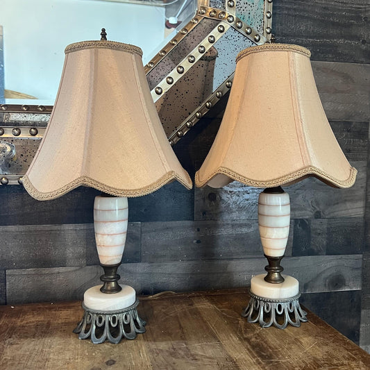 Vintage Pair of Creamy White Lamps with Orange/Pink Stripes and Brass/Metal Accents