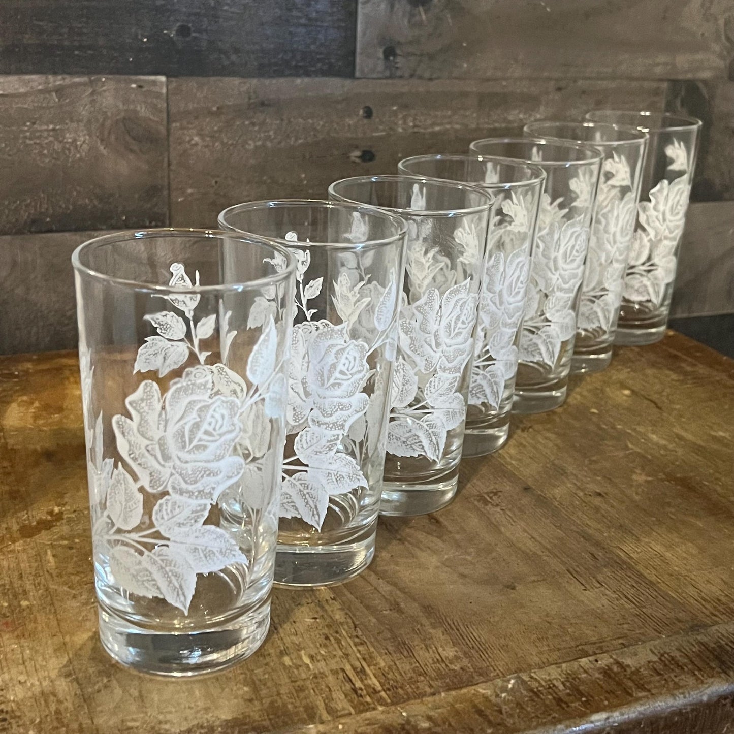 Vintage Libbey White Rose and Leaves Pattern Highball Glasses - Set of 7