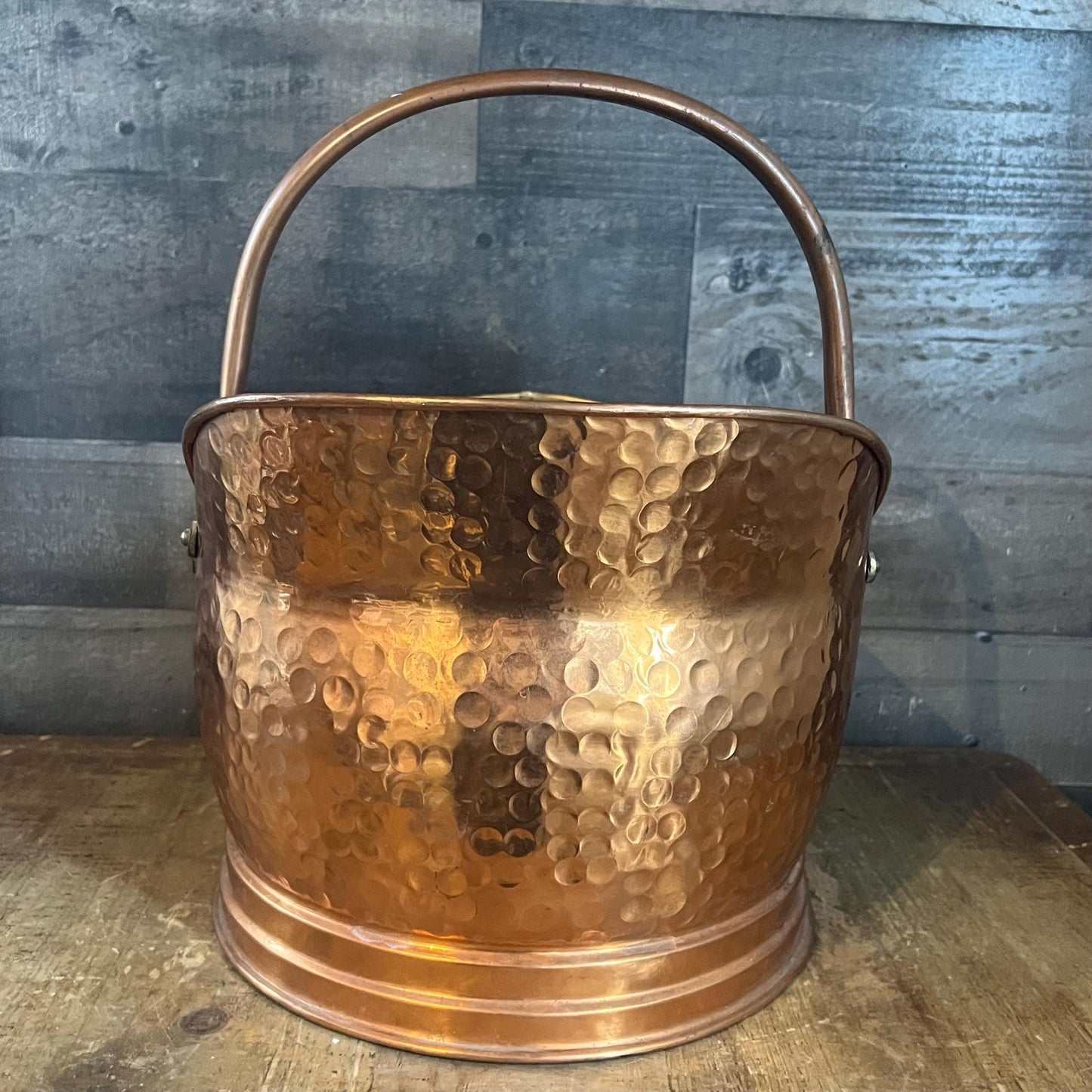 Antique Hammered Copper Brass Handle and Hardware Helmet Shaped Scuttle Bucket - Coal Bucket - Fireplace Bucket - Made in England