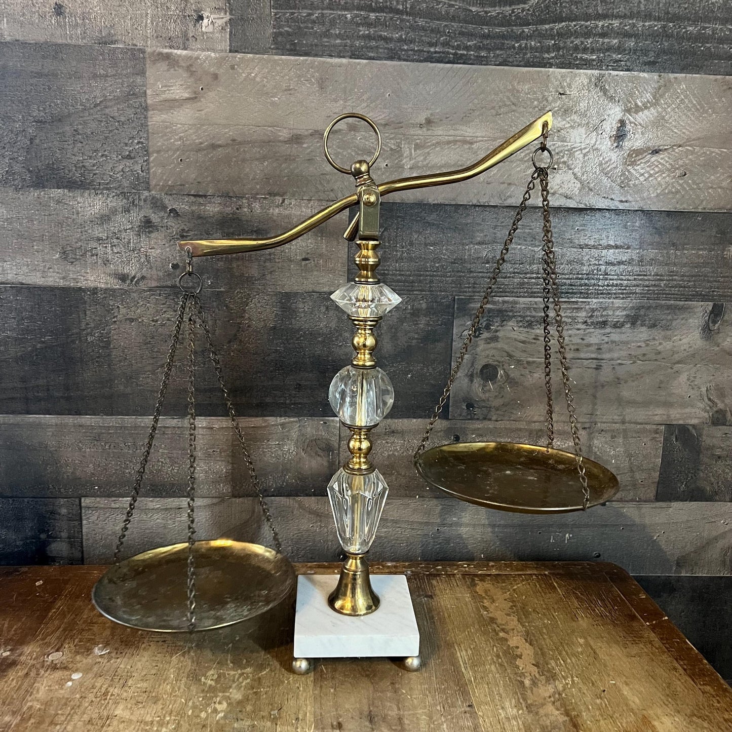Vintage Brass and Crystal / Lucite Scale of Justice Balance with Marble Base