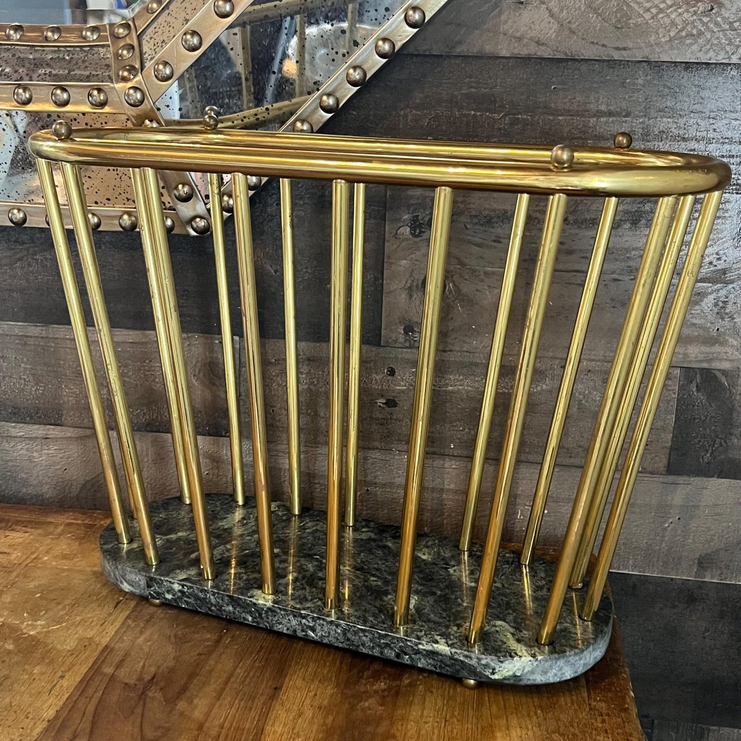 Vintage Green Marble and Brass Spindle Magazine Rack - Book Holder