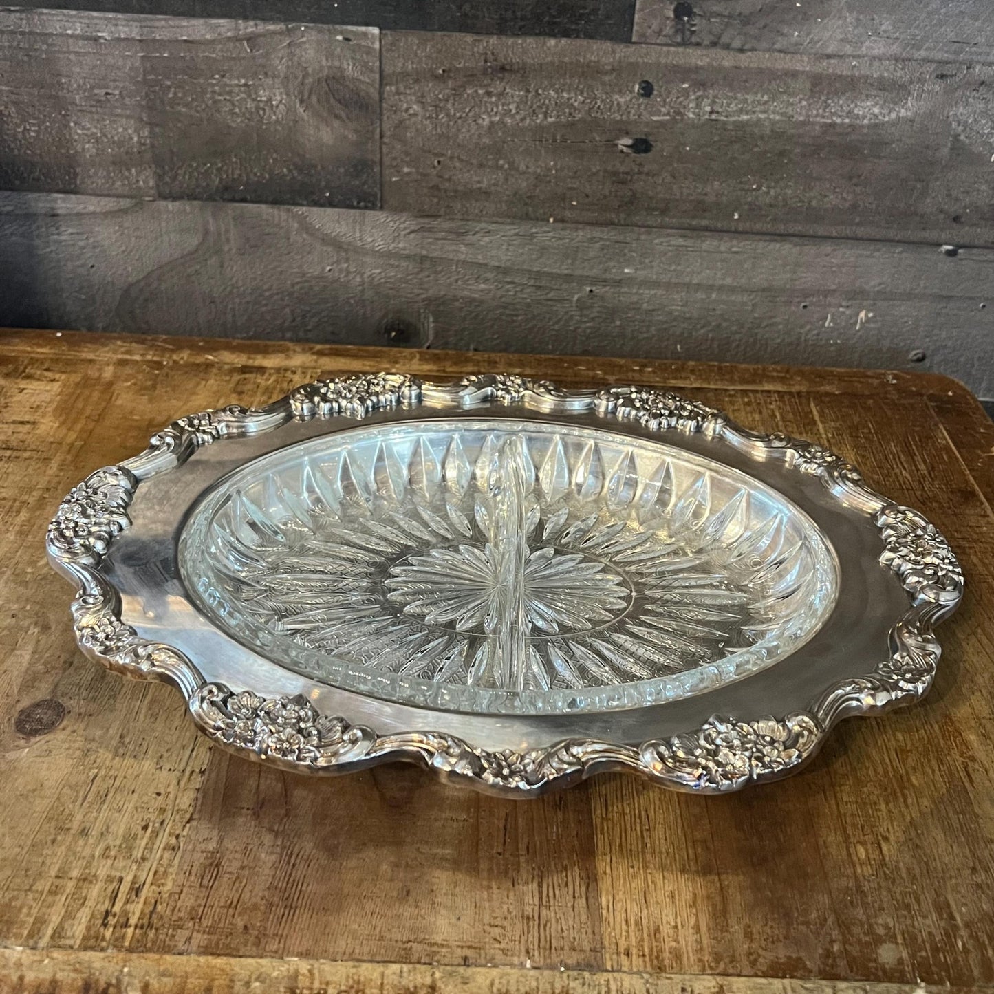 Vintage Poole Lancaster Rose 439 Silverplated Oval Tray with Floral Accent and Crystal Divided Insert