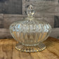 Clear Glass Footed Ribbed Lidded Candy Dish with Aged Gold Rim Base