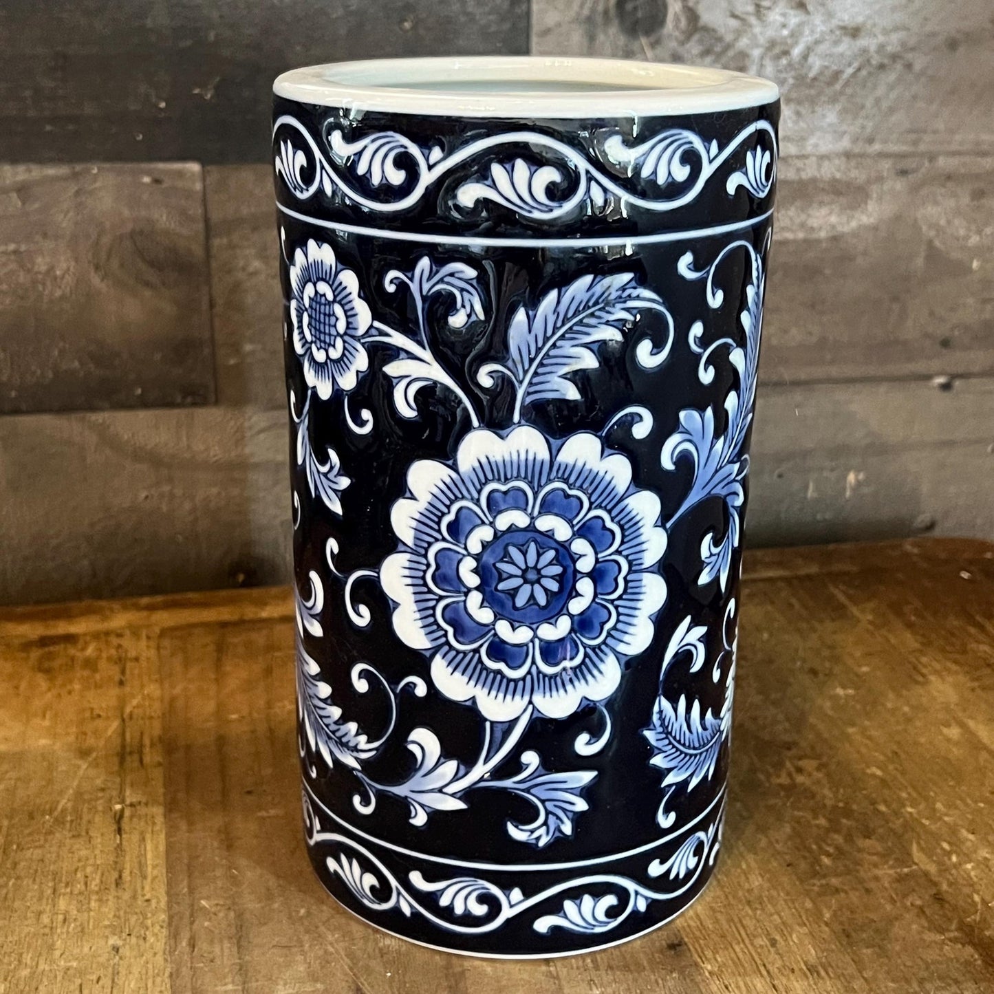 Pier 1 Imports Cobalt Blue and Light Blue Glazed Floral Vase - Utensil Storage - Wood Spoon Organizer
