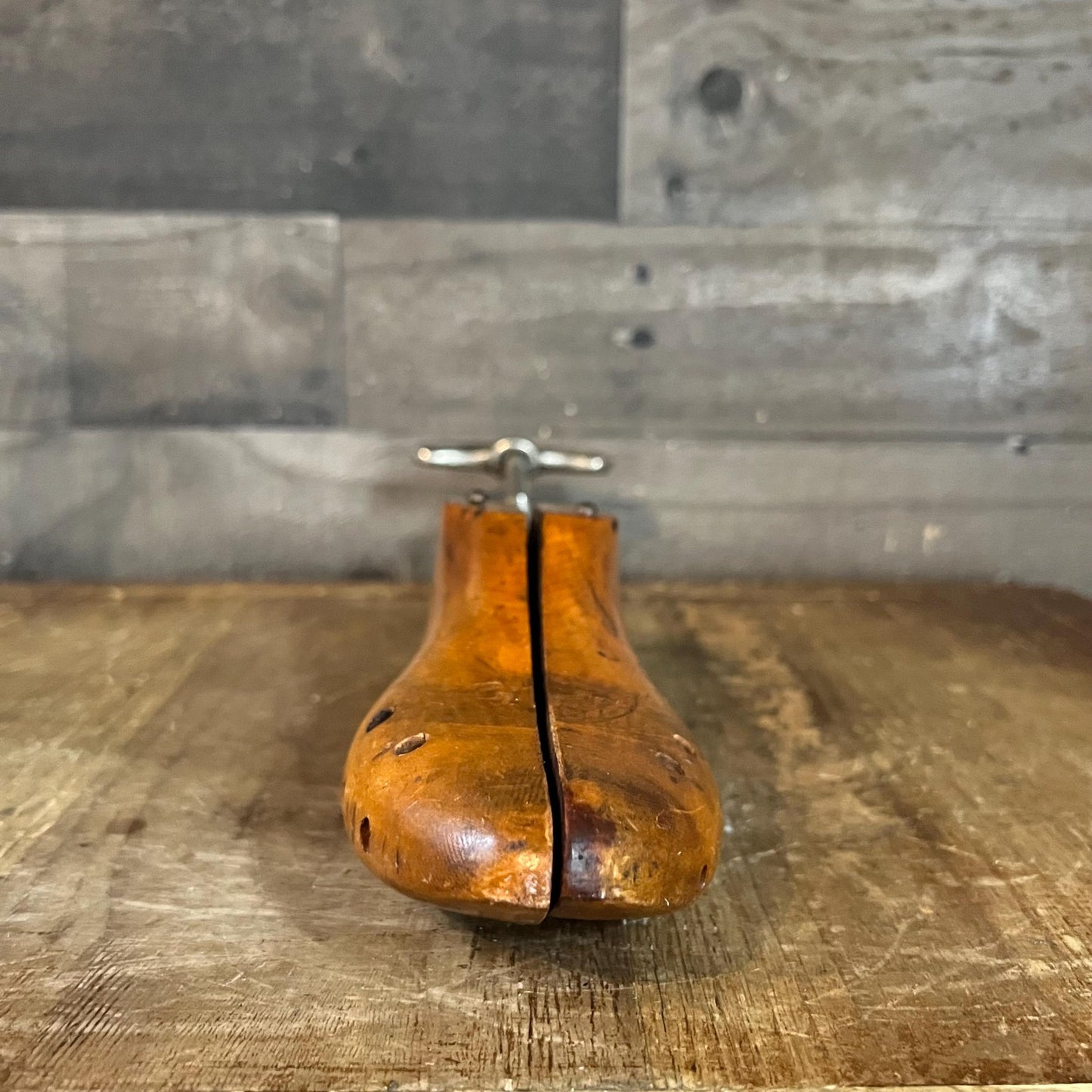 George E. Belcher Antique Wood and Metal Shoe Cobbler Stretcher Stamped 2