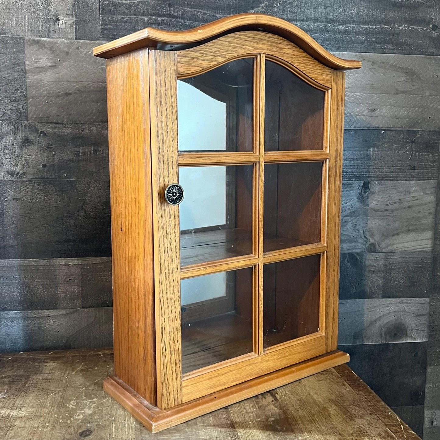 Small Vintage Wooden Wall Hanging Mirrored Back Curio Cabinet - Tabletop Curio - Countertop Curio