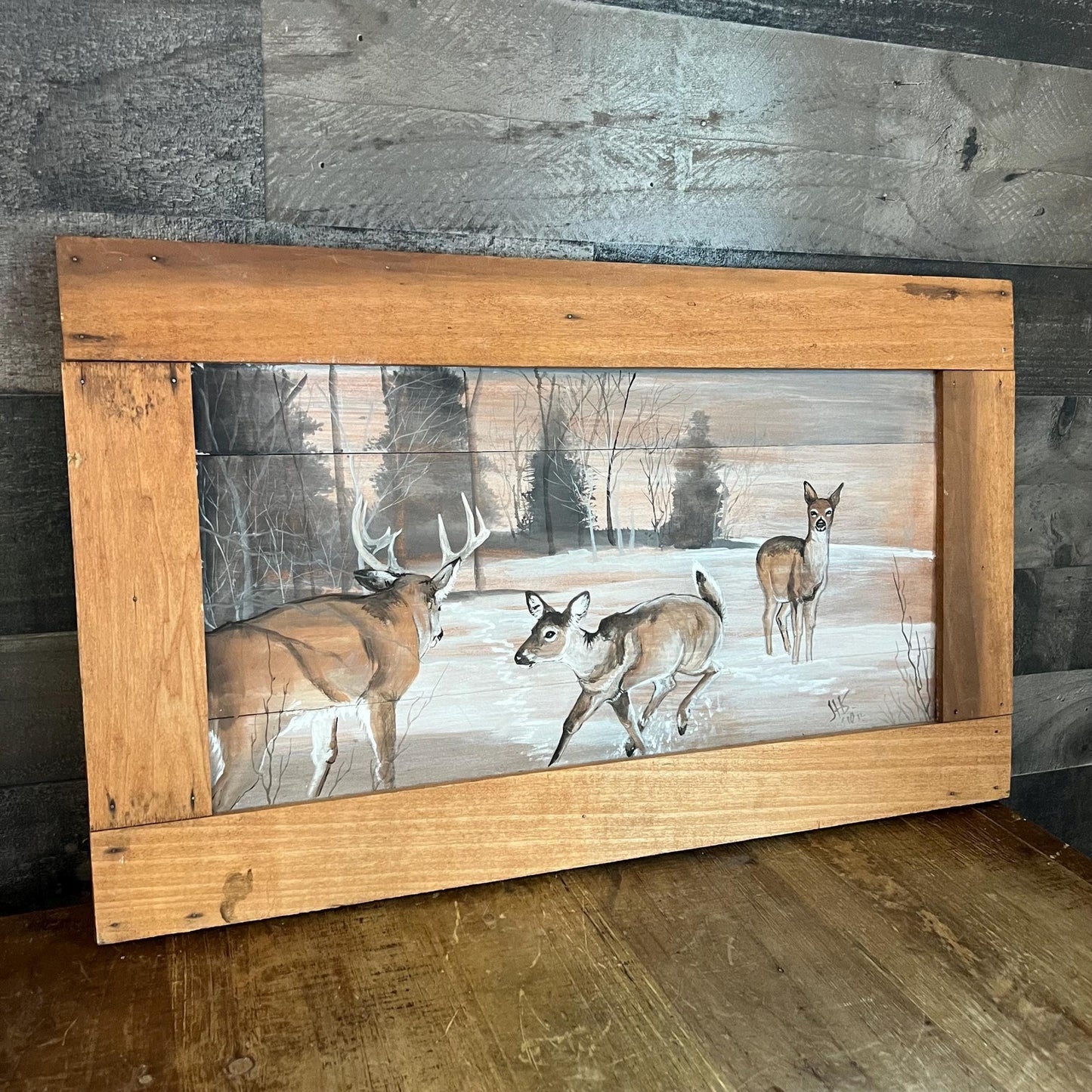 Vintage Rectangular Rustic Painted Wood Winter Forest Deer Scene