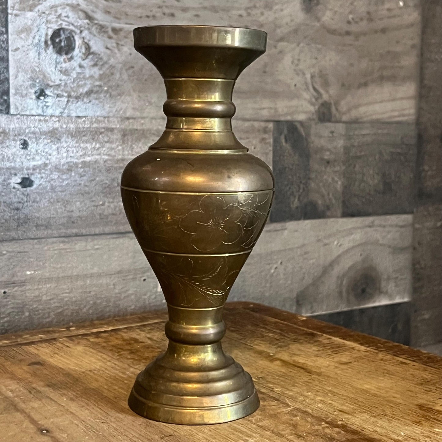 Vintage Brass Floral Etched Vase