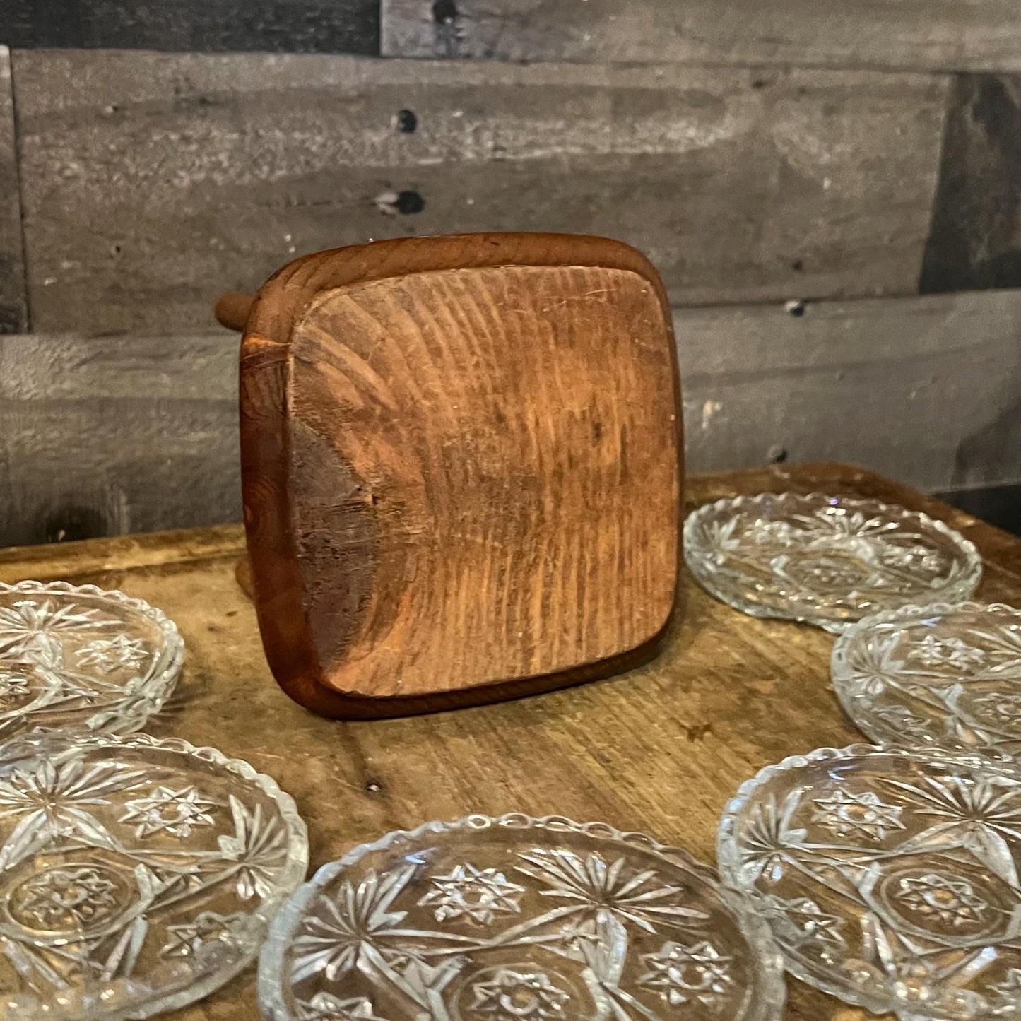 Vintage Set of 6 Crystal Coasters with Wooden Holder