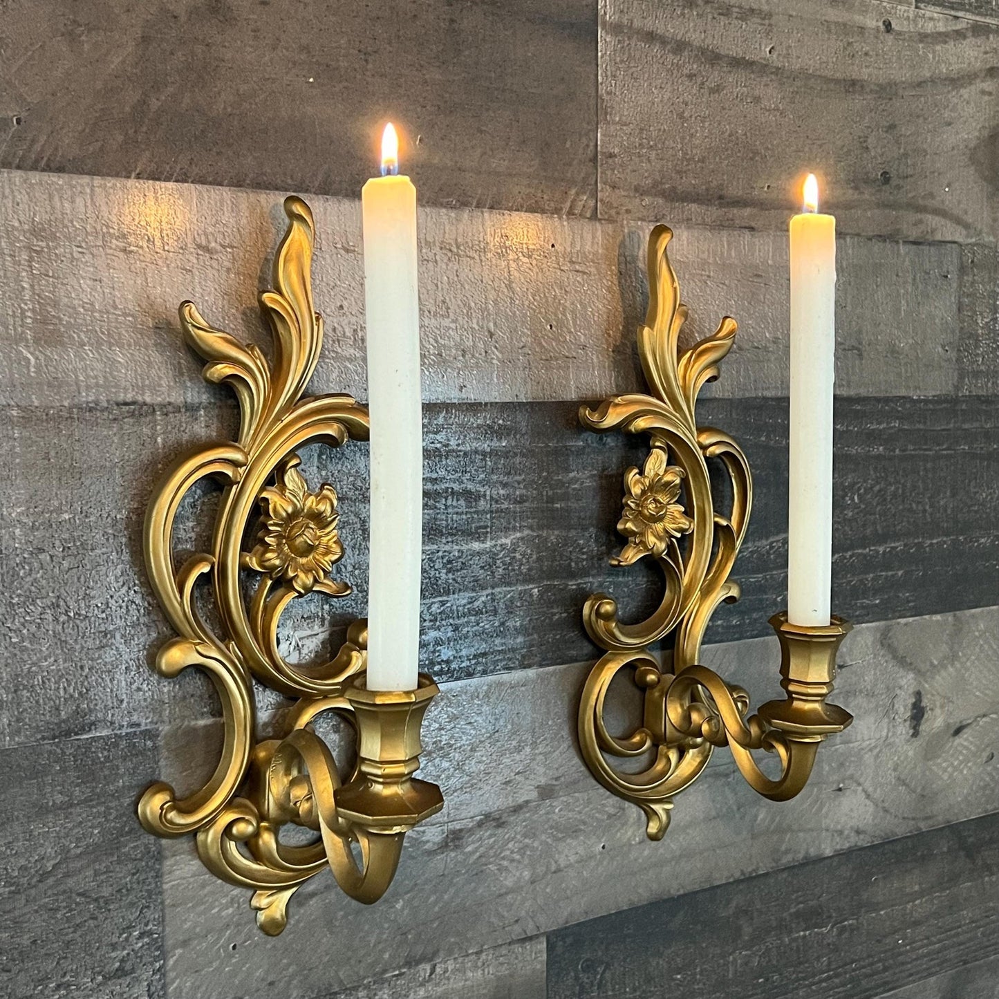 Vintage Syroco Floral Gold Tone Candlestick Holders Wall Sconces - Pair