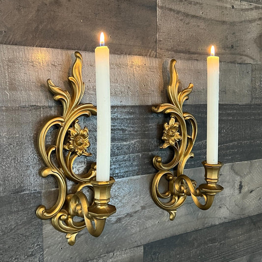 Vintage Syroco Floral Gold Tone Candlestick Holders Wall Sconces - Pair