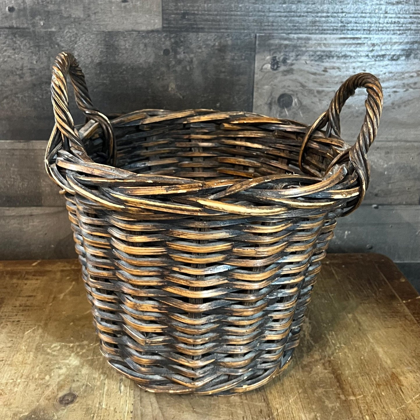 Brown Woven Wicker Round Handled Basket