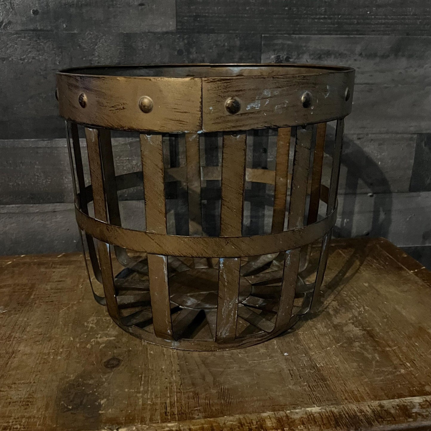 Bronze Tone Metal Farmhouse Basket with Nailhead Accent