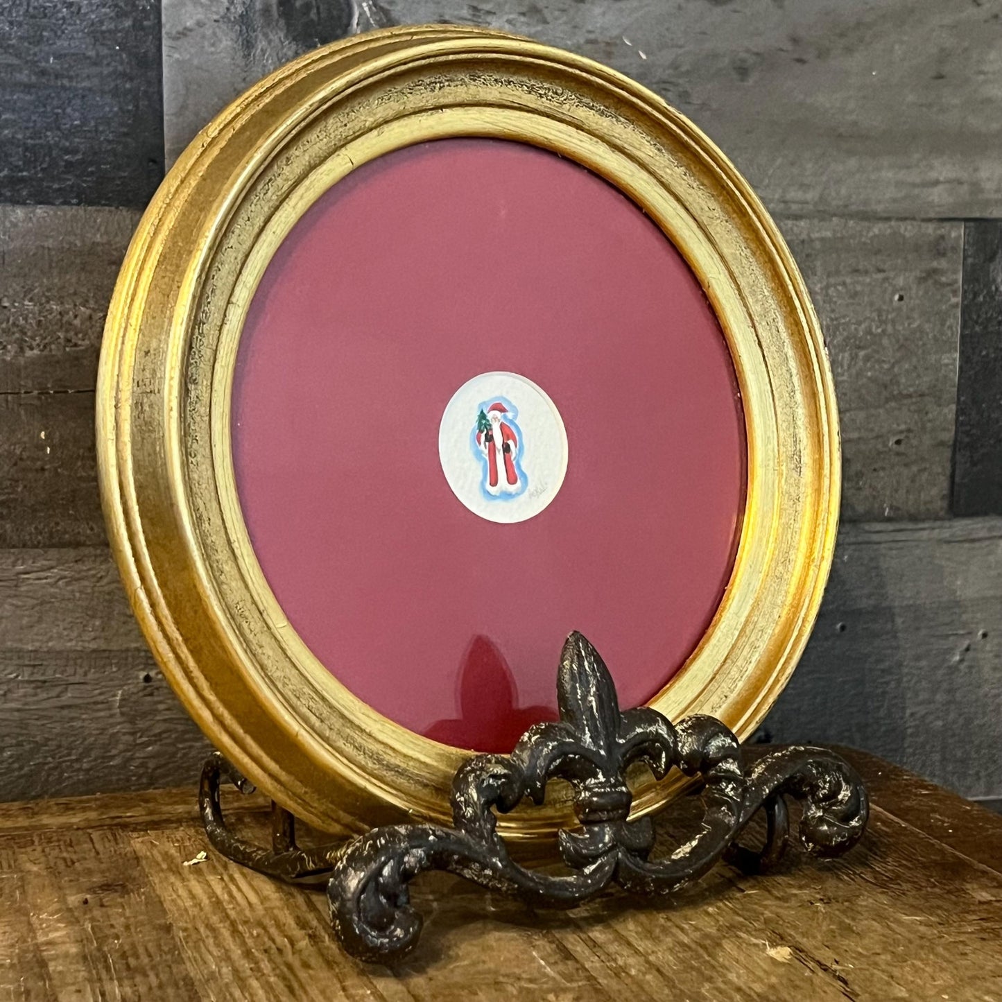 Vintage Round Gold Frame with Miniature Santa Claus Picture at the Center