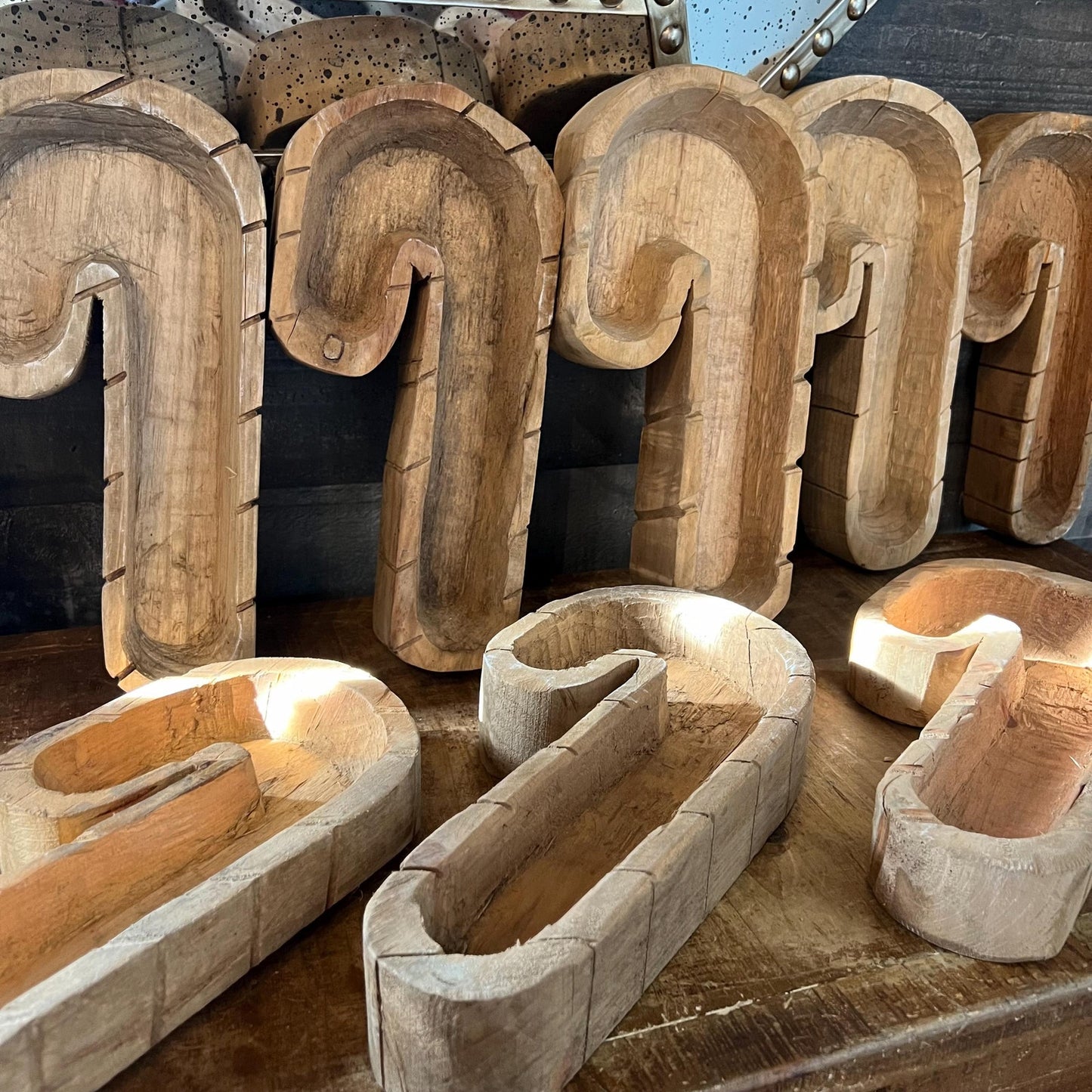 Rustic Christmas Candy Cane Shaped Hand Carved Wooden Dough Bowl