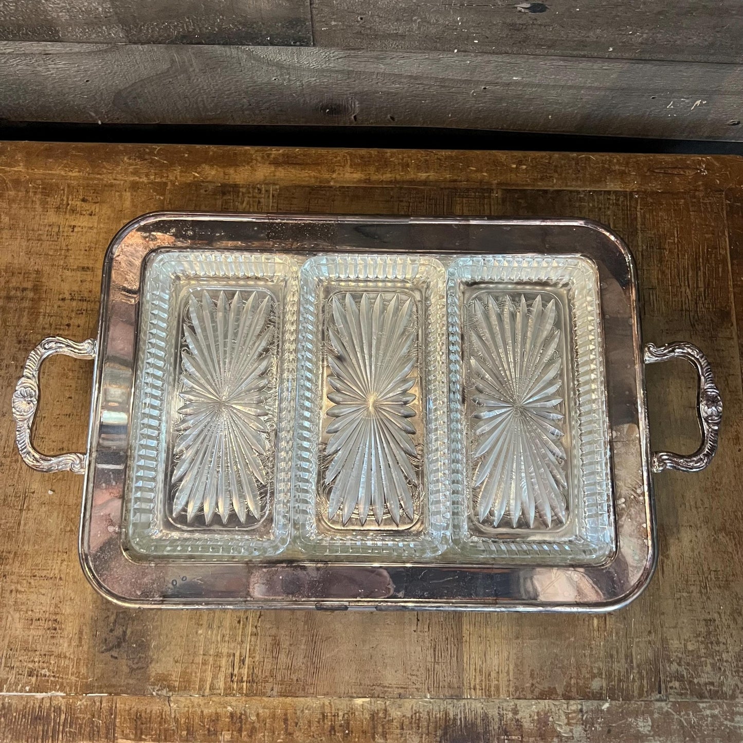 Vintage Leonard Silverplated Handled Rectangular Footed Serving Tray with 3 Crystal Rectangular Trays