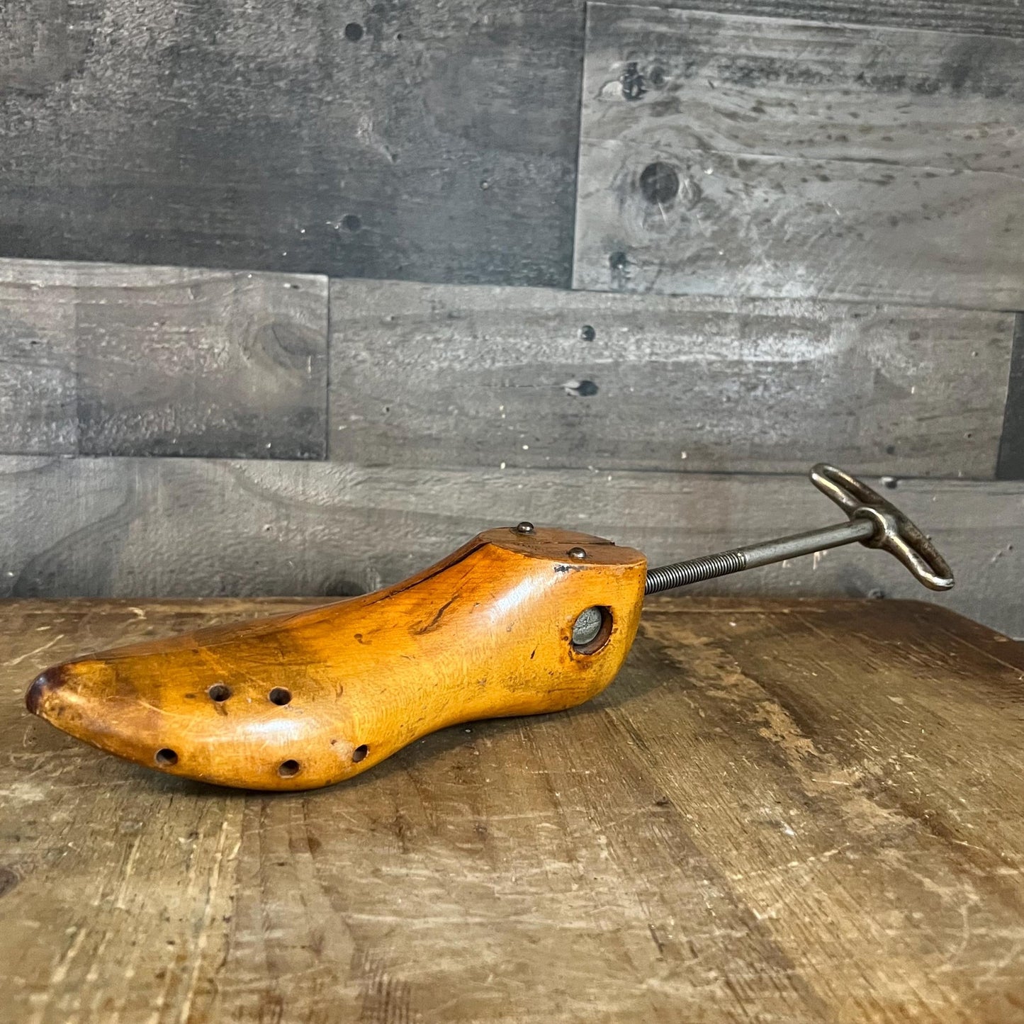 George E. Belcher Antique Wood and Metal Shoe Cobbler Stretcher Stamped 2