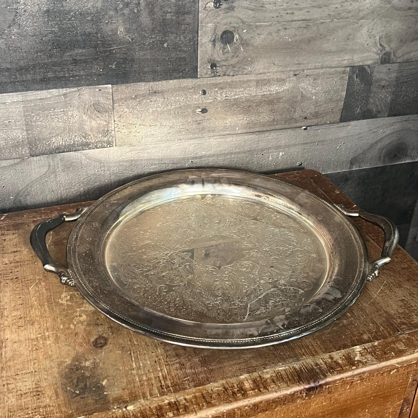 Vintage Handled Round Silverplated Serving Tray