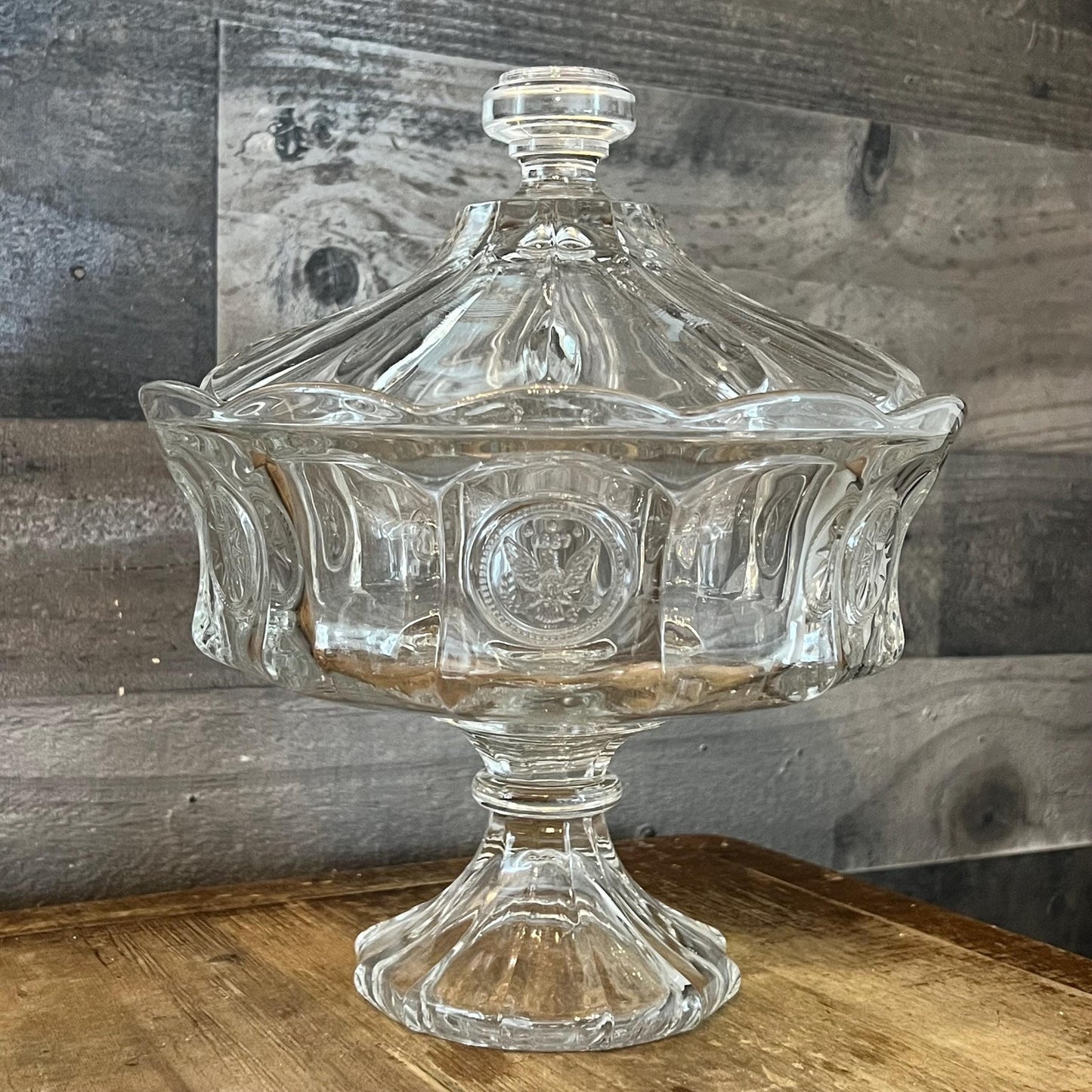 Vintage Fostoria Coin Glass Clear Large Compote Pedestal Lidded Bowl
