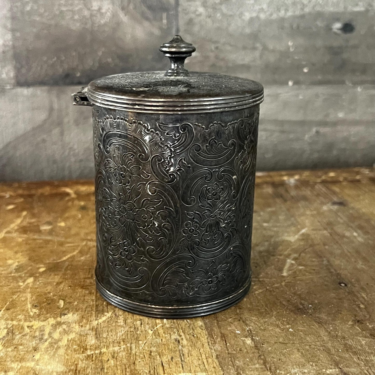 Silverplated Hinged Lid Tea Caddy with Floral Accents