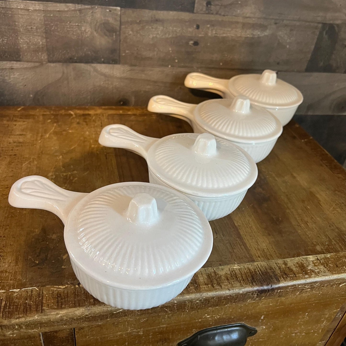 Vintage Creamy White California Pottery Stoneware Handled Lidded Soup Bowls - Set of 4