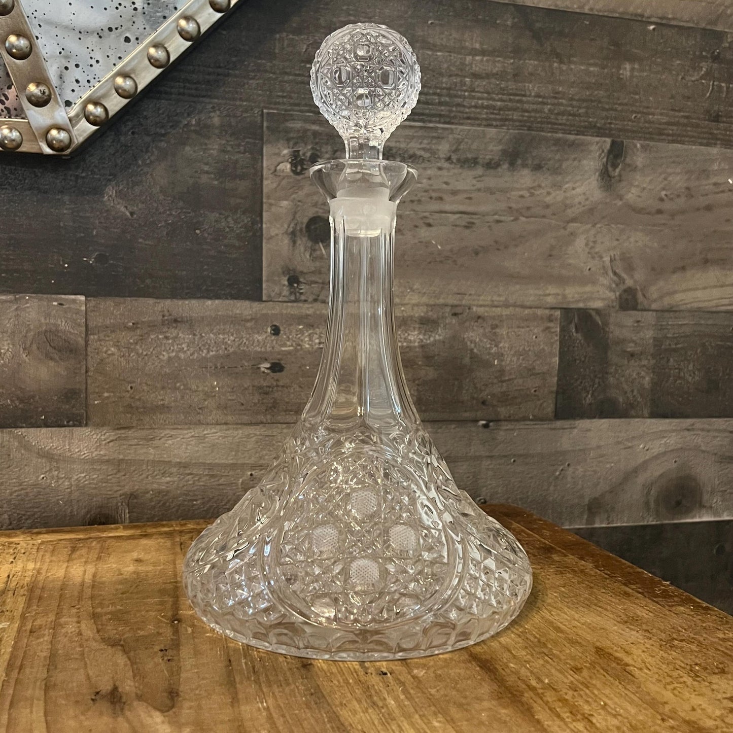 Vintage Crystal Ships Decanter with Pinwheel and Checkered Design and Ball Stopper