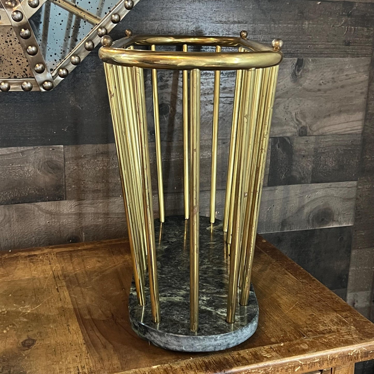 Vintage Green Marble and Brass Spindle Magazine Rack - Book Holder