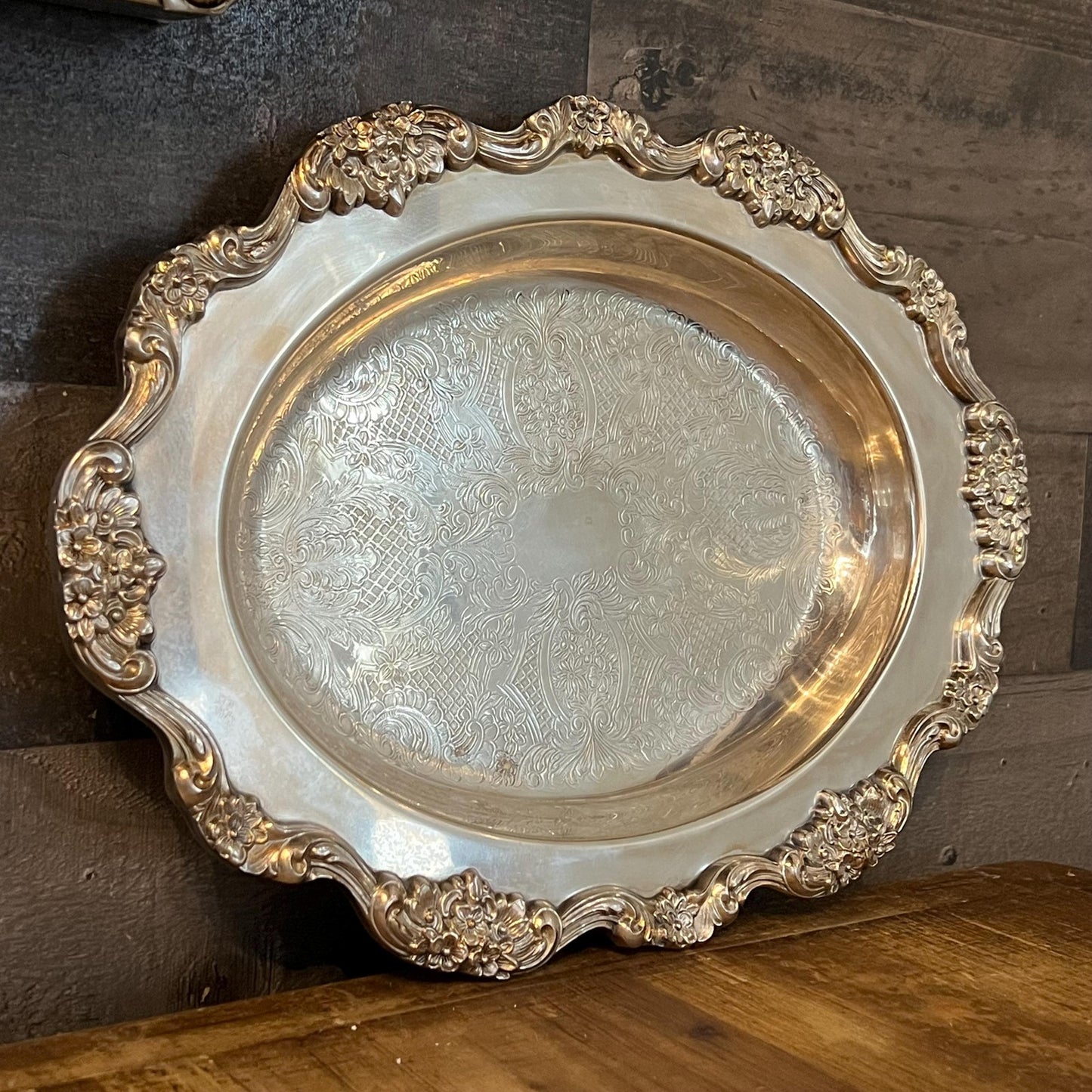 Vintage Poole Lancaster Rose 439 Silverplated Oval Tray with Floral Accent and Crystal Divided Insert
