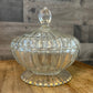 Clear Glass Footed Ribbed Lidded Candy Dish with Aged Gold Rim Base