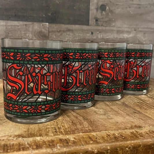 Vintage Christmas Houze Seasons Greetings Old Fashioned Rocks Glasses - Set of 4