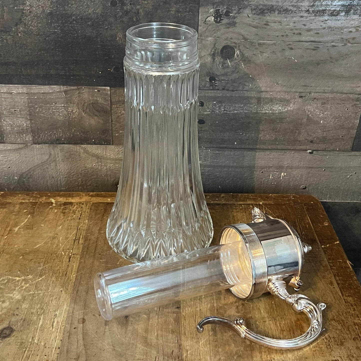 Vintage Crystal Pitcher with Silverplated Handle and Lid with Center Compartment
