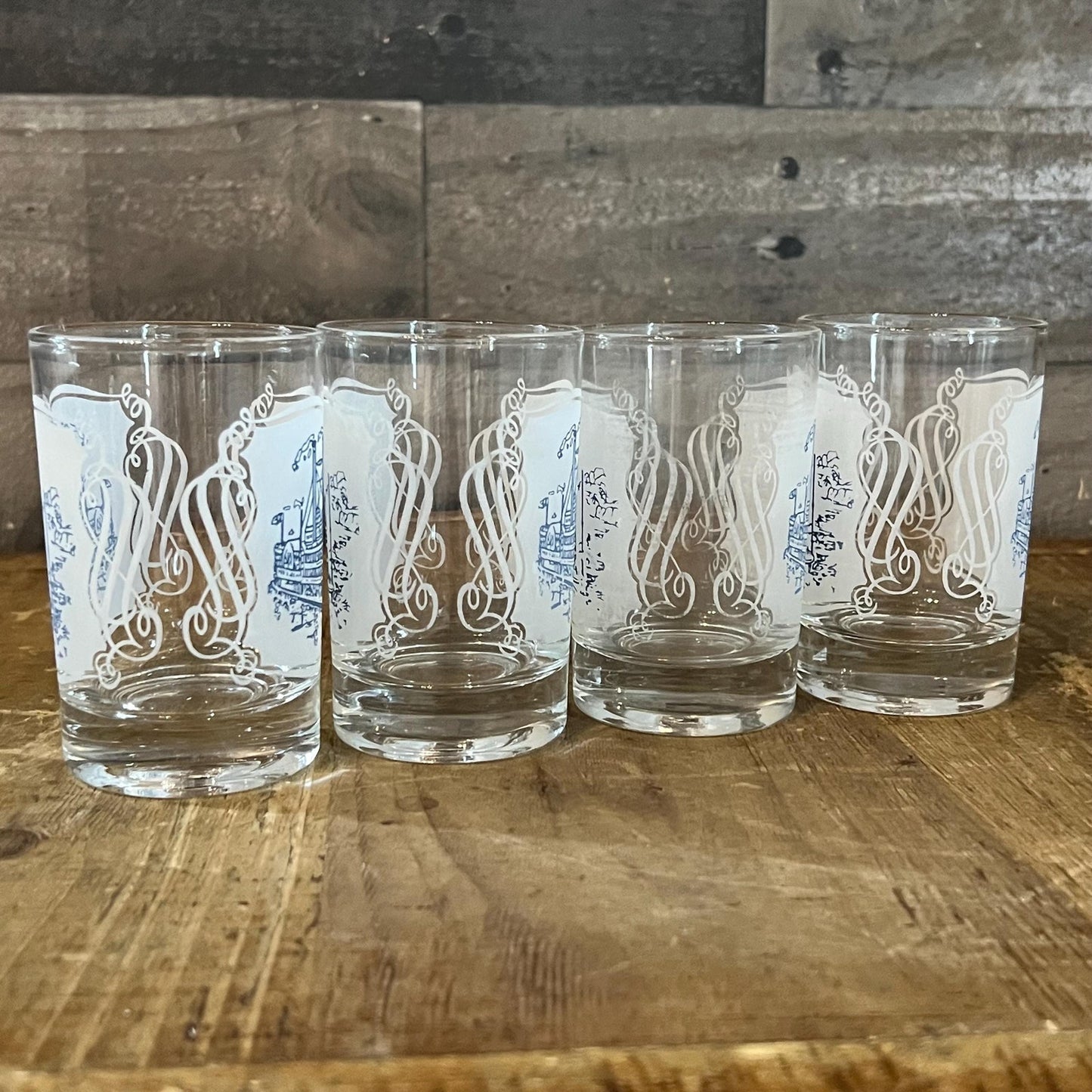Vintage Set of 4 Royal USA Currier and Ives Blue Juice Glasses - Short Tumblers
