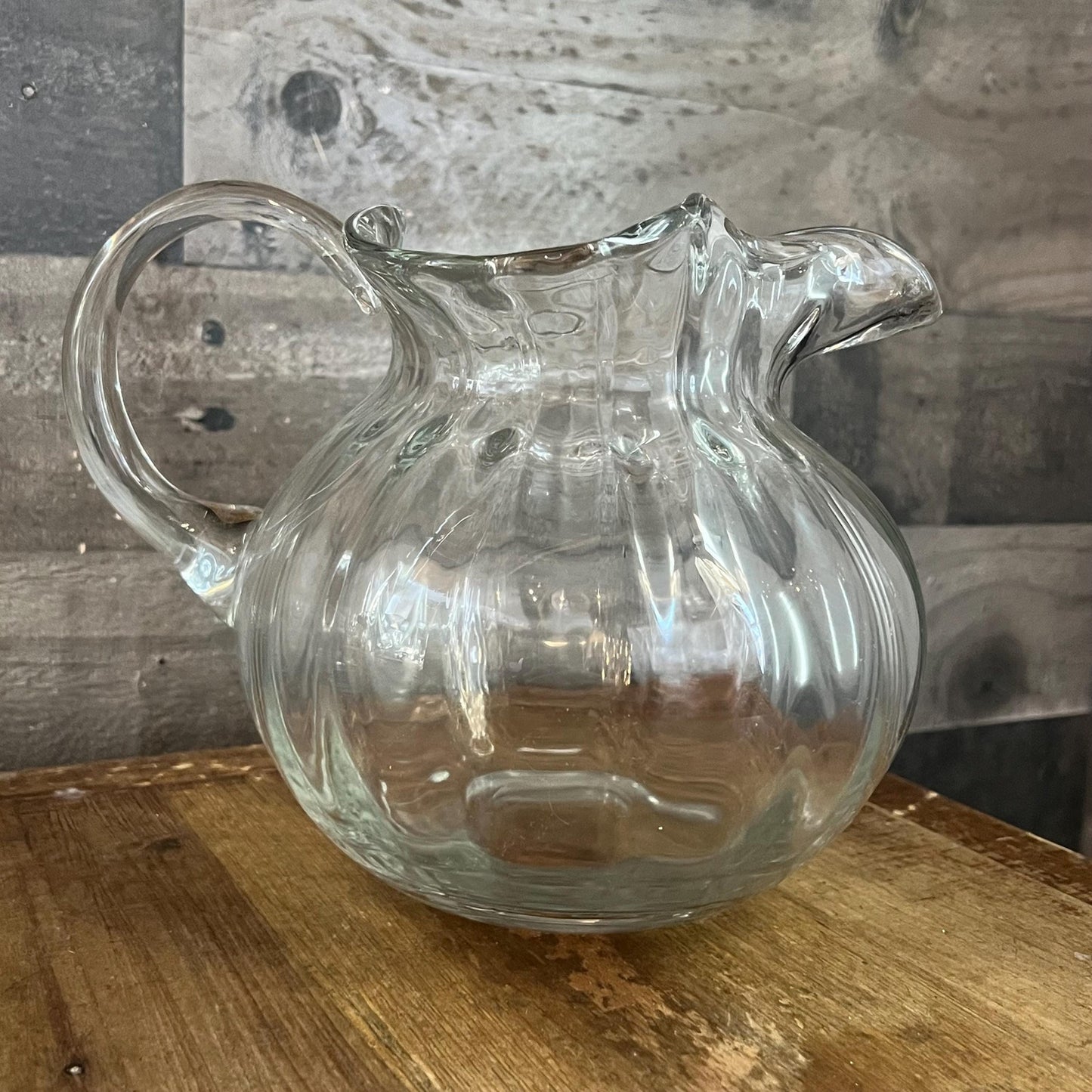 Clear Glass Ribbed Bubble Handled Pitcher