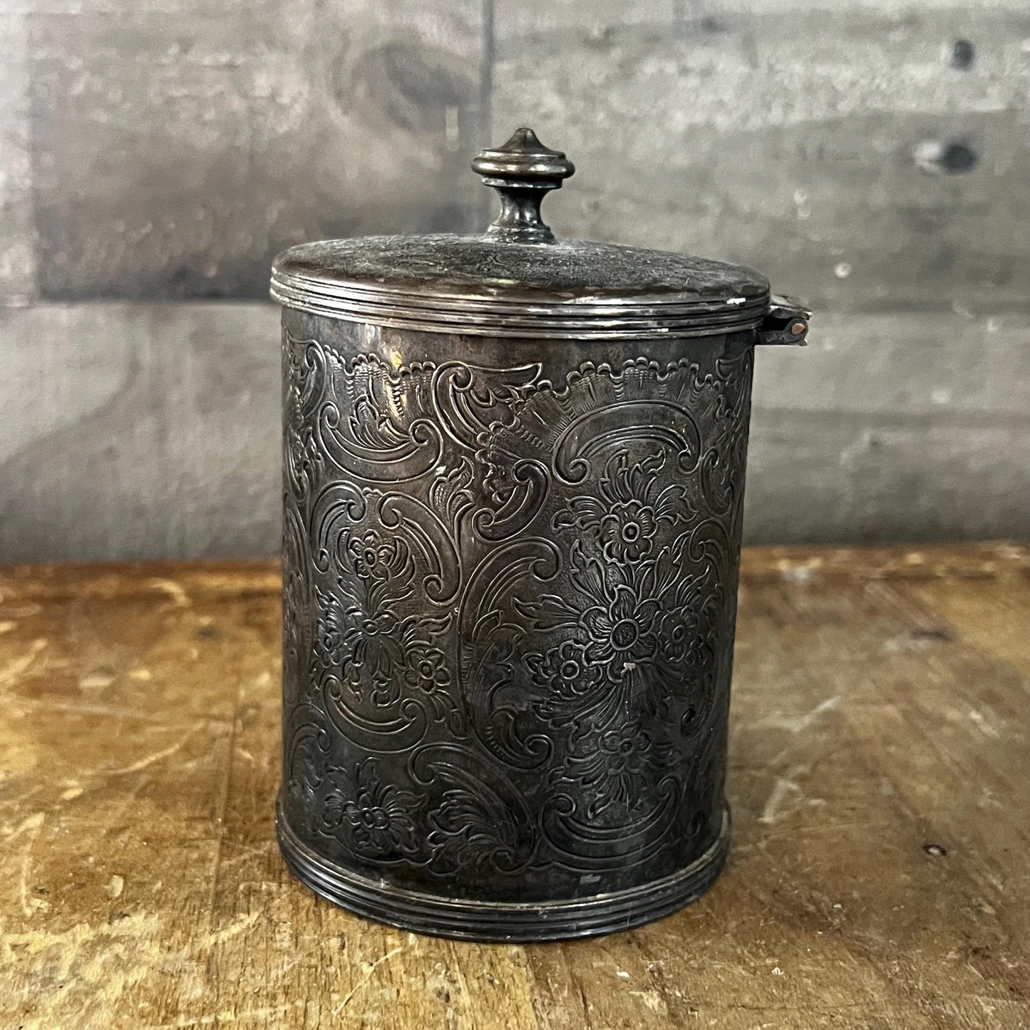 Silverplated Hinged Lid Tea Caddy with Floral Accents