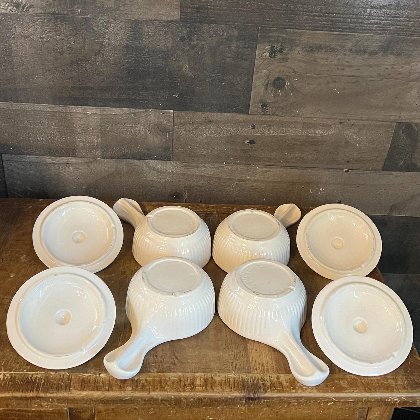 Vintage Creamy White California Pottery Stoneware Handled Lidded Soup Bowls - Set of 4