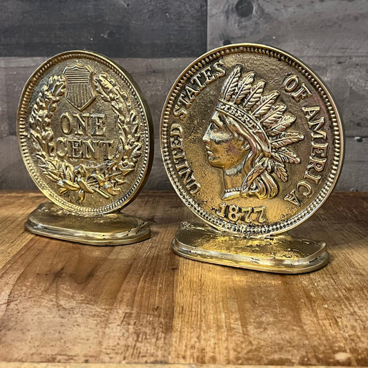 Rare Solid Brass Indian Head Cent 1877 Bookends - Brass Penny Bookends