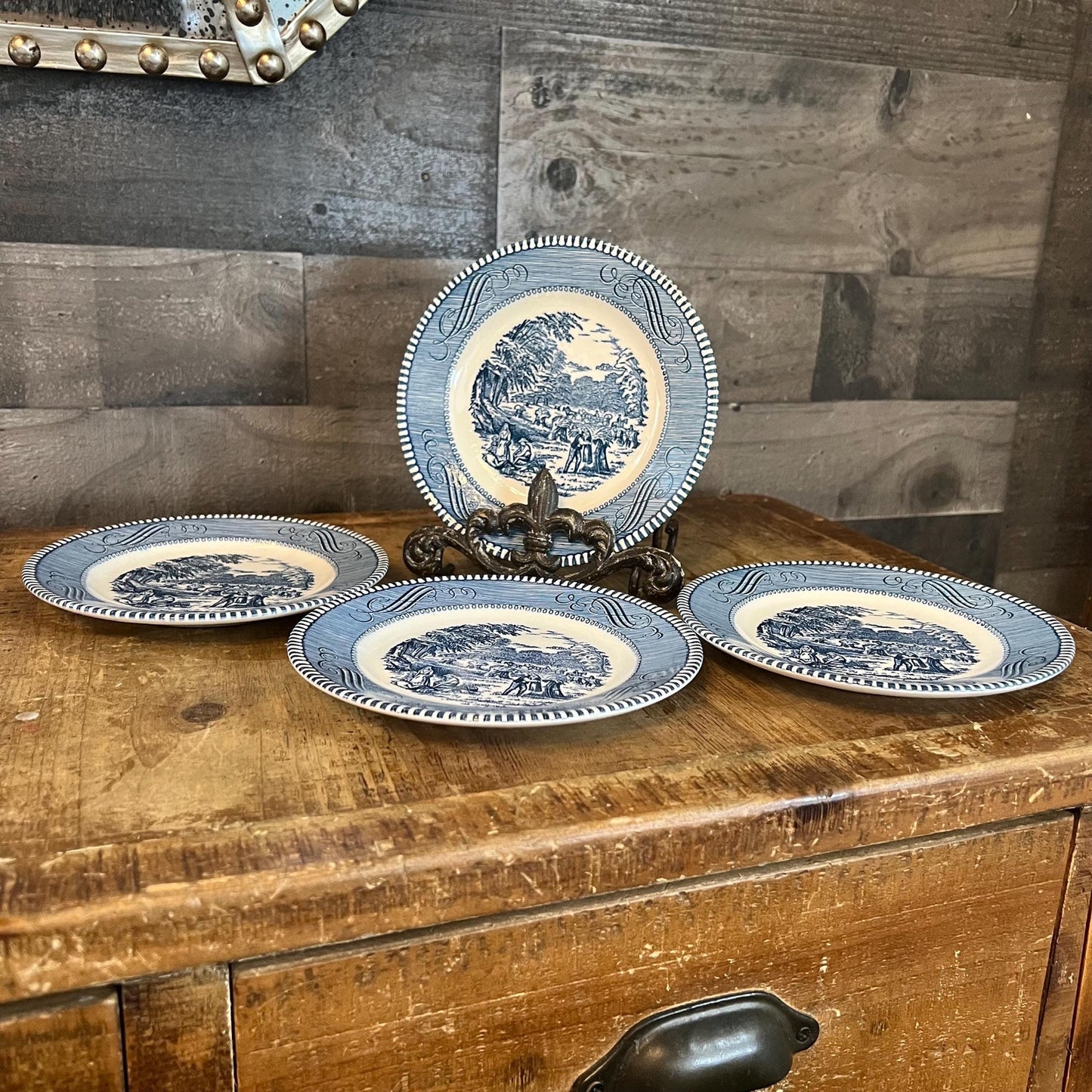 Vintage Royal China USA Currier and Ives Blue Bread and Butter Small Plates - Set of 4
