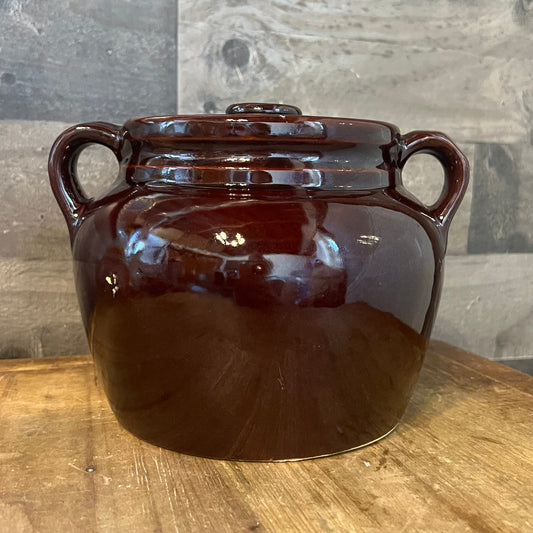 Vintage Brown Glaze USA Pottery Double Handle Lidded Crock - Bean Pot - Cookie Jar