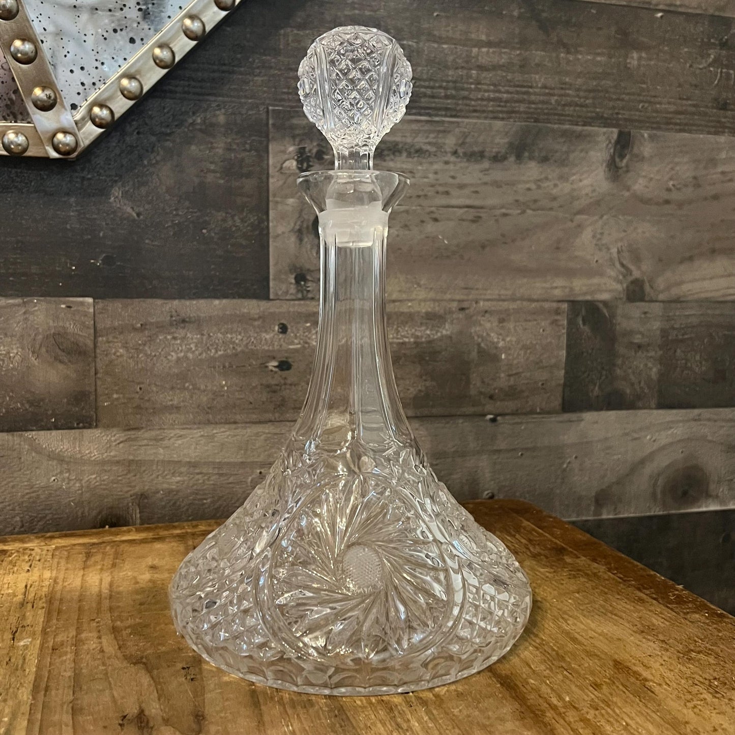 Vintage Crystal Ships Decanter with Pinwheel and Checkered Design and Ball Stopper